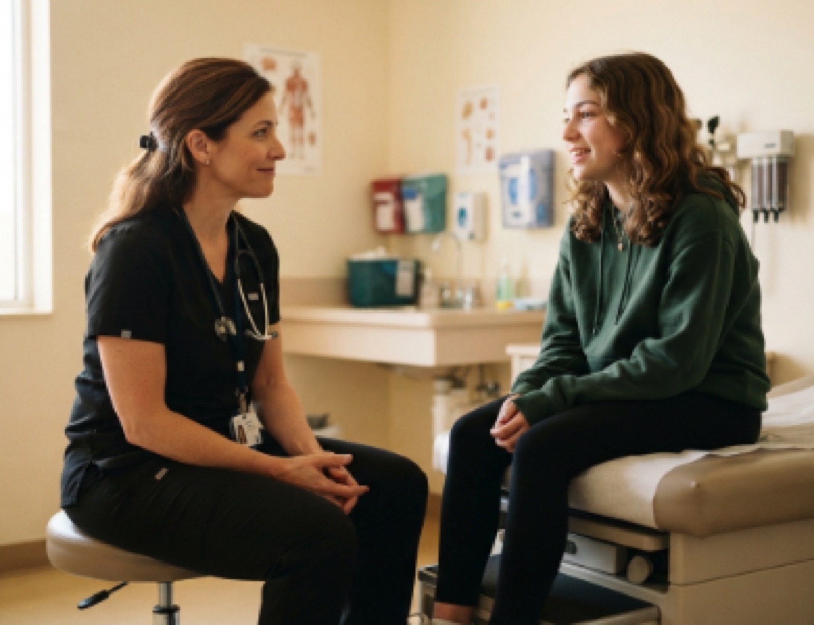 A clinician talking directly with a young patient
