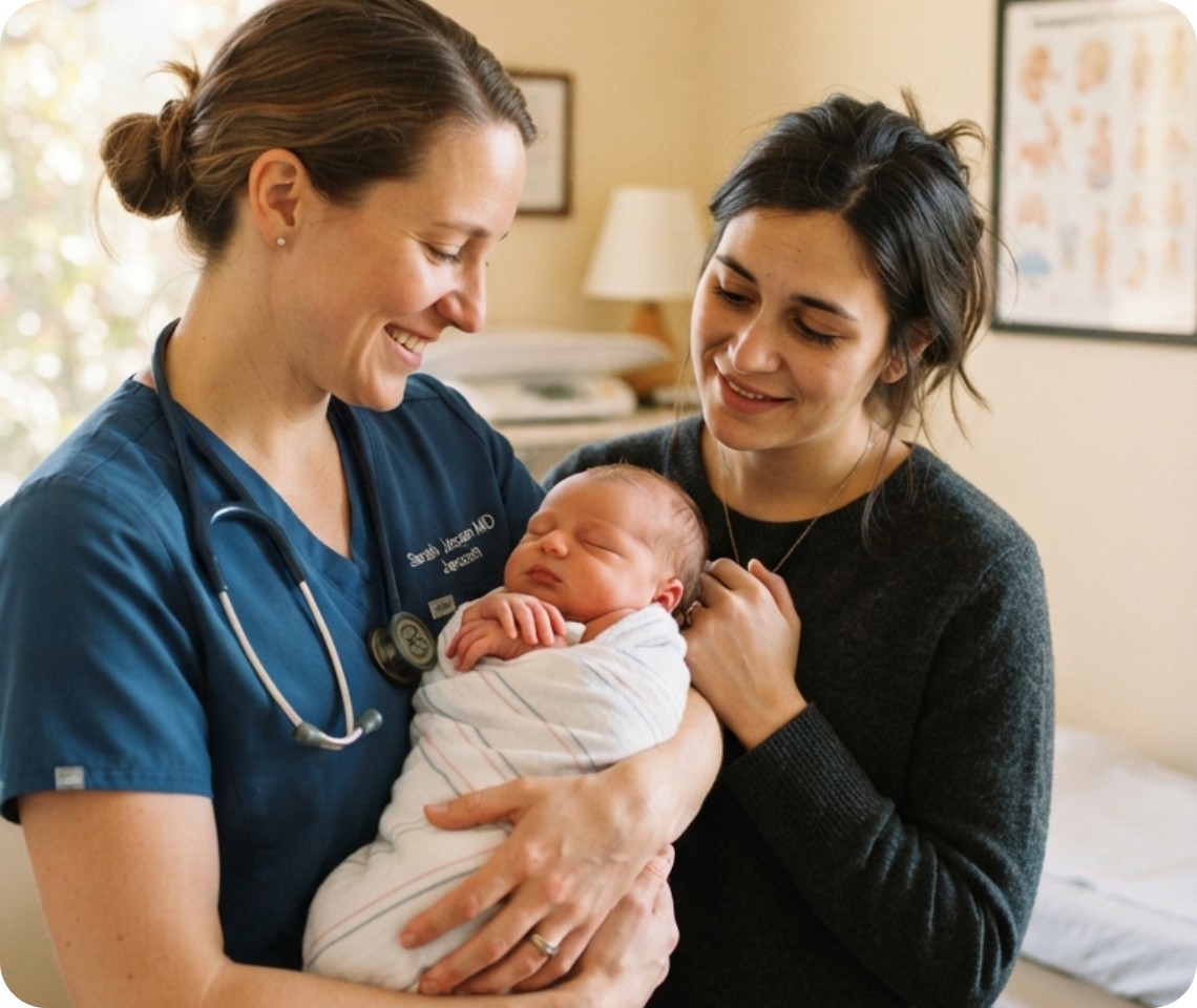 A clinician and a mother smiling down at a swaddled newborn baby