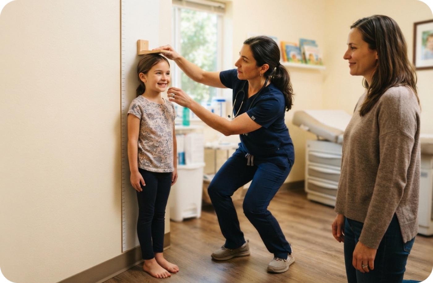 A clinician measuring a young patient's height against a wall chart while a parent looks on